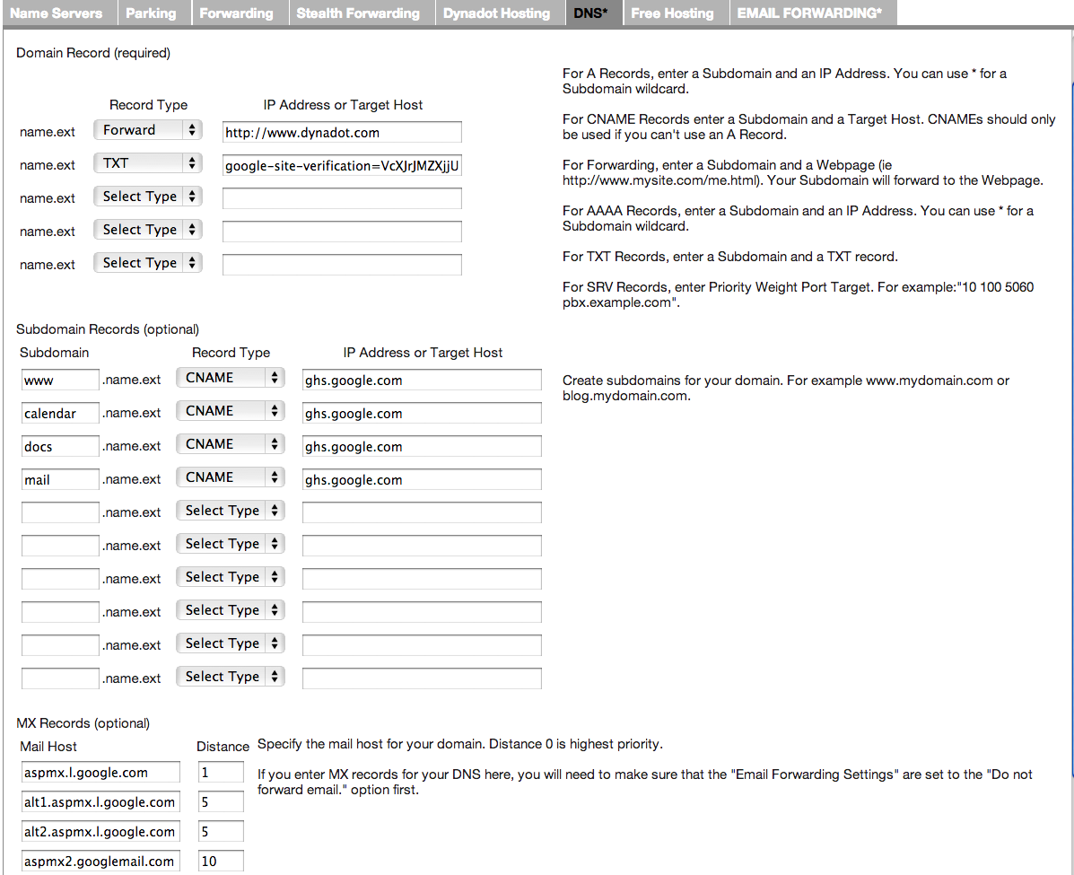 configuracion google apps dynadot