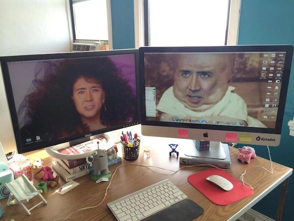 Monitors with pics of Nicholas Cage for prank