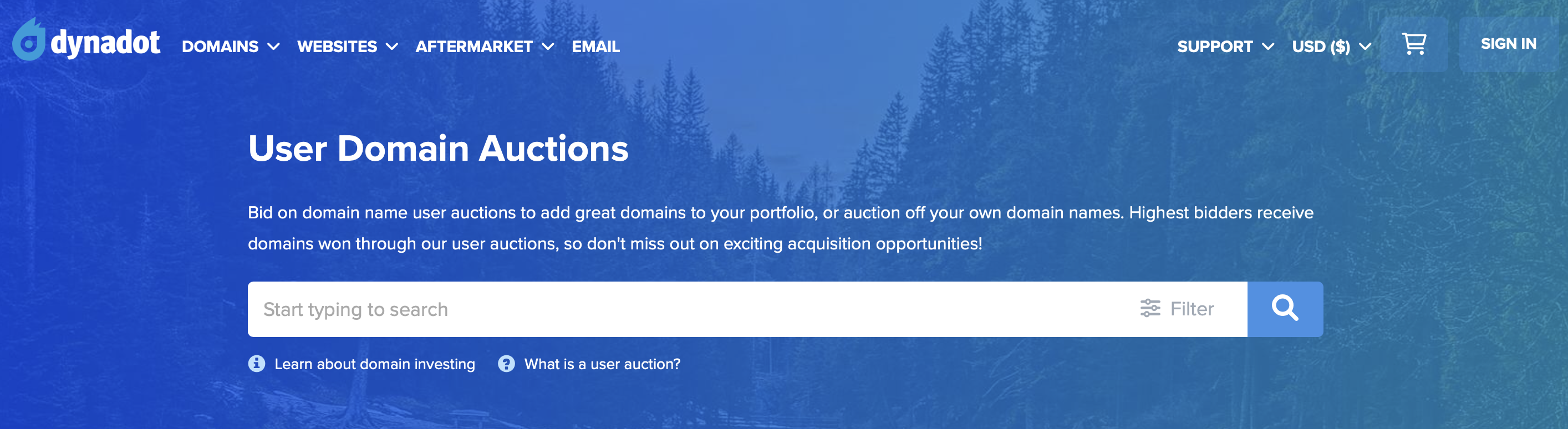 Landing page for User Auctions on Dynadot