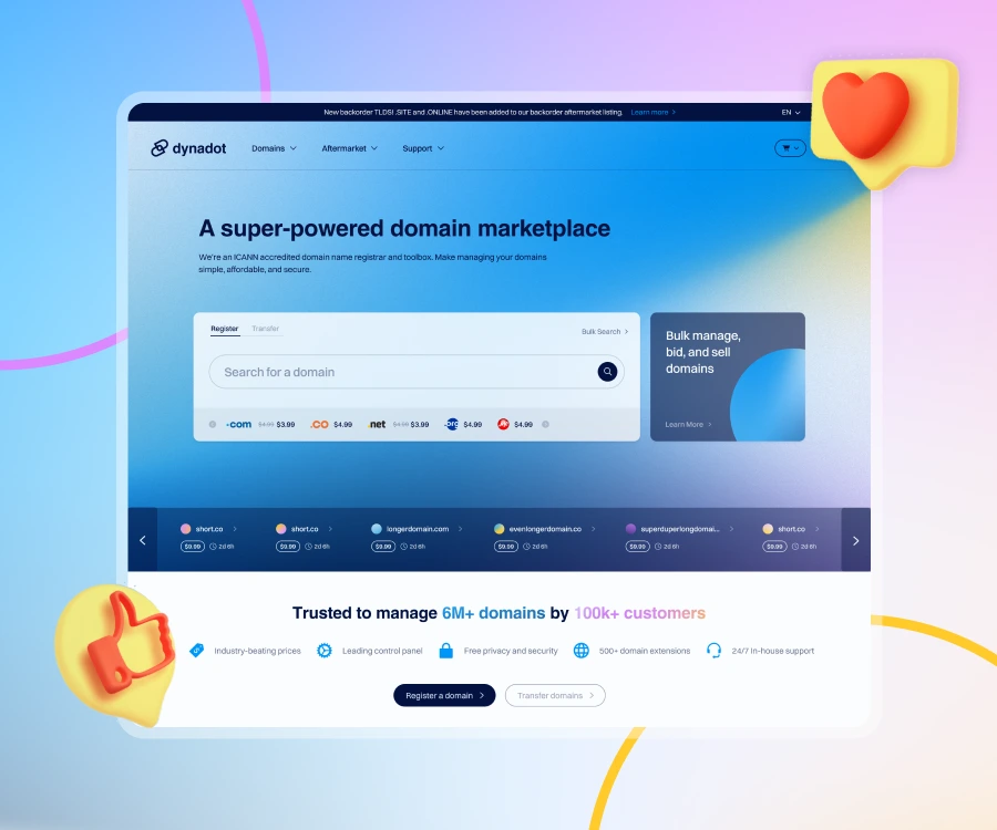 A stylized digital mockup of the Dynadot website homepage, showcasing its domain marketplace. The page features a domain search bar, pricing for various domain extensions, and key benefits such as industry-beating prices, free privacy and security, and 24/7 support. Decorative elements like a heart and thumbs-up icon add visual appeal.