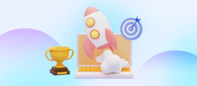 Rocket launching from a laptop with trophy and target—business growth and SEO wins powered by .fr domain names.