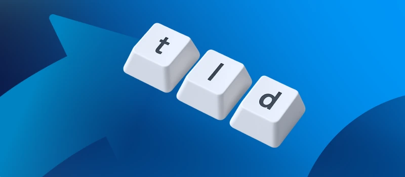 Top Domain Extensions for Startups — blue graphic with ‘t-l-d’ keyboard keys and an upward arrow.