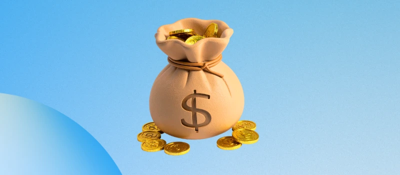 How to Value a Domain Name: money bag with a dollar sign overflowing with gold coins on a blue gradient background