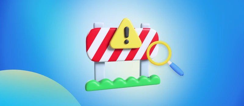 3D warning sign with magnifying glass illustrating common pitfalls to avoid in creative domain name ideas.