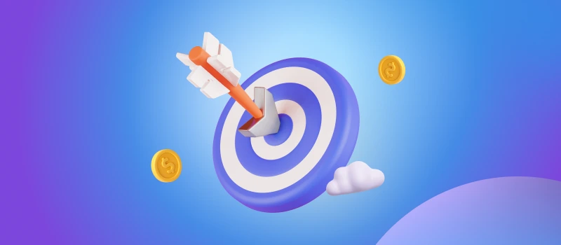 Bullseye target with arrow and coins symbolizing successful results from creative domain name ideas.
