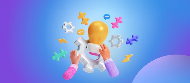 Lightbulb, gears, and puzzle pieces showing brainstorming and strategy for creative domain name ideas.