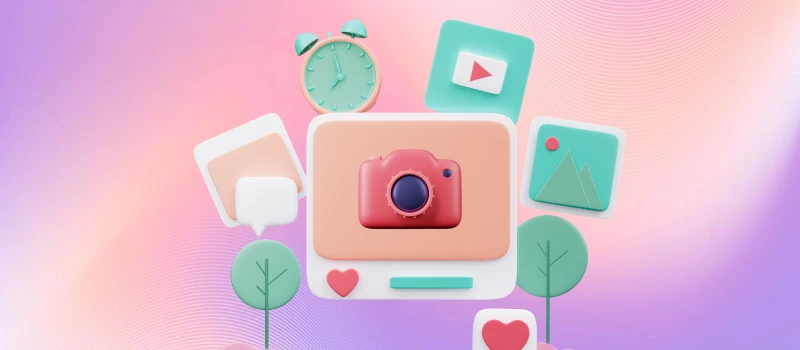 3D graphic of a camera and digital media icons, reflecting how images and content shape our online identity through the digital mirror.