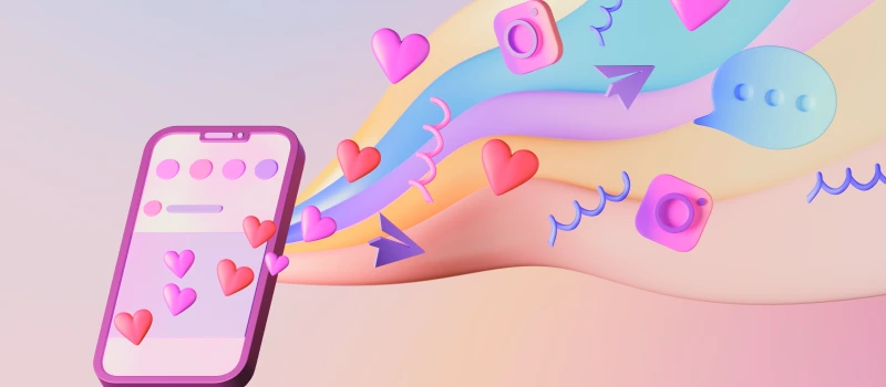 Colorful illustration of a smartphone with hearts and social media icons, symbolizing curated online personas and the influence of the digital mirror.