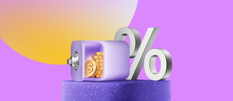 Purple safe full of coins with a large percentage symbol symbolizing monetization strategies for how to increase the value of domain name.