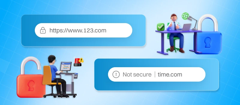 Browser bars showing secure HTTPS and not secure domains with padlocks, illustrating technical security steps in how to increase the value of domain name.