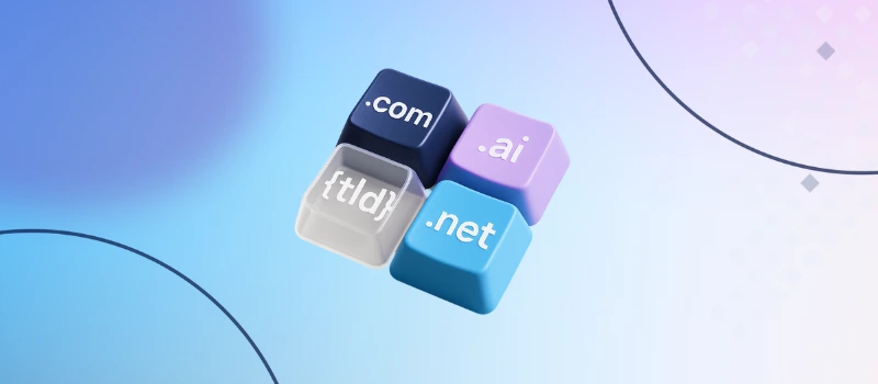 Role of Domain Names in Online Identity and Branding shown with 3D domain extension blocks labeled .com, .ai, .net, and {tld} on a blue gradient background.