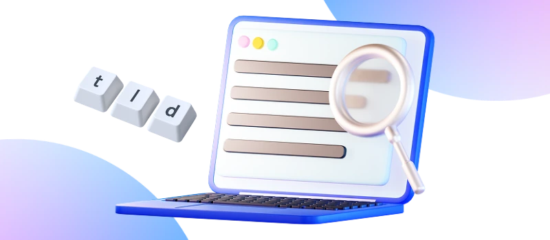 Role of Domain Names in Online Identity and Branding illustrated by a laptop with search fields and a magnifying glass, plus floating “tld” letter blocks.