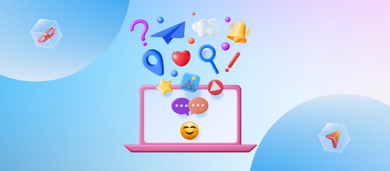 Role of Domain Names in Online Identity and Branding visualized with a laptop and floating social icons (chat, heart, location pin, search, bell) representing digital presence and engagement.
