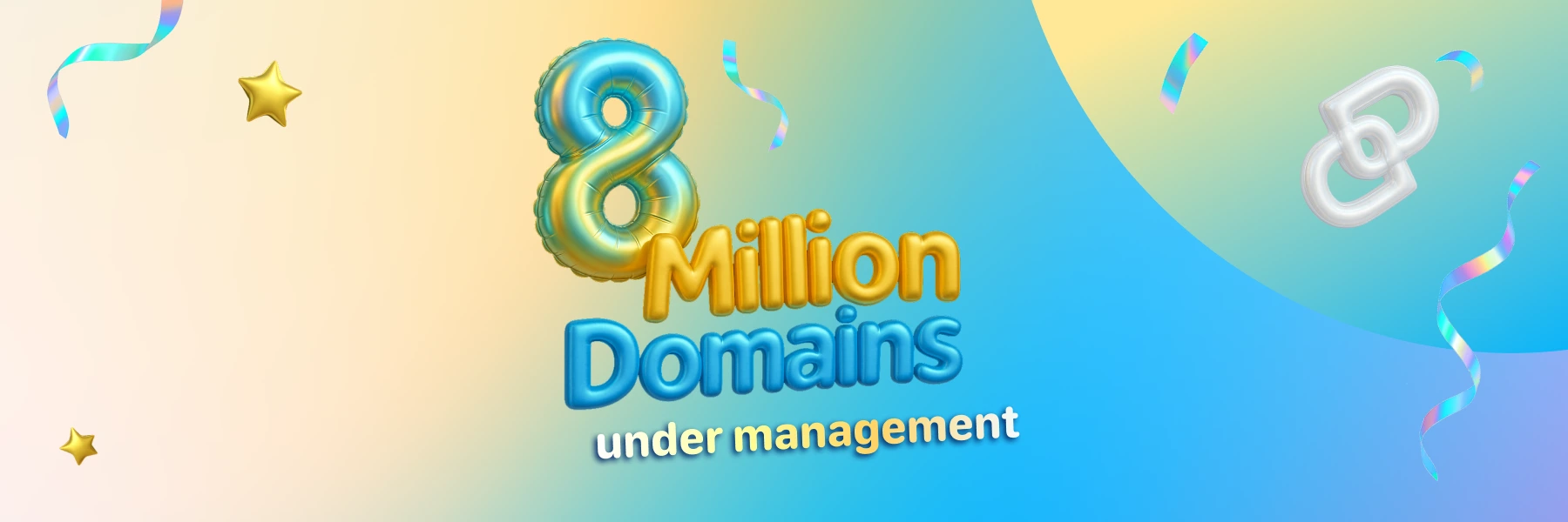 Dynadot recap 2025 graphic showing “8 Million Domains under management” with balloon-style text, confetti ribbons, and star accents on a pastel gradient background.