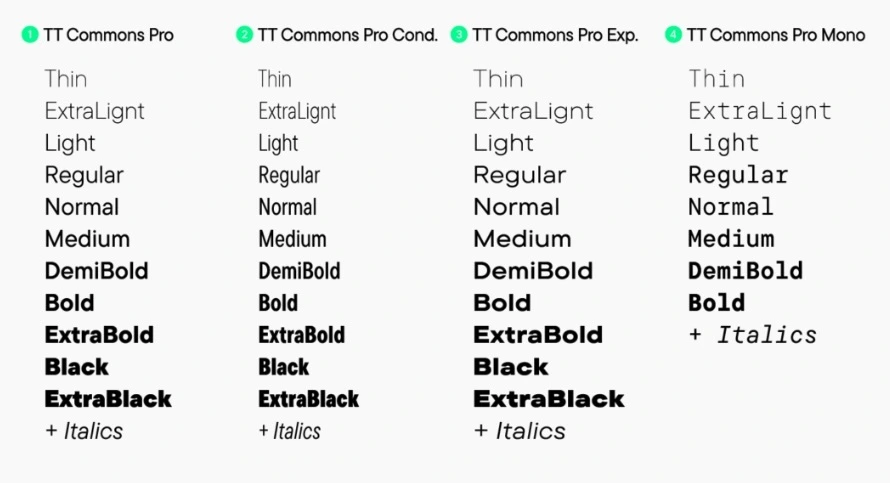 Typography chart displaying TT Commons Pro font family weights from Thin to ExtraBlack across multiple style variations.