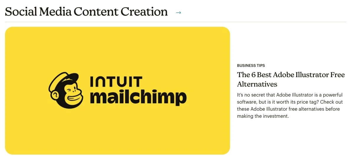Mailchimp logo displayed on a bright yellow background with a business article preview layout.
