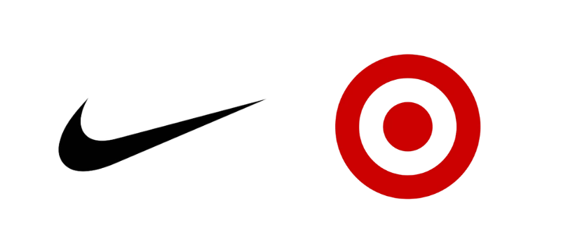 Minimalist logo examples showing the Nike swoosh and Target red bullseye symbol on a white background.