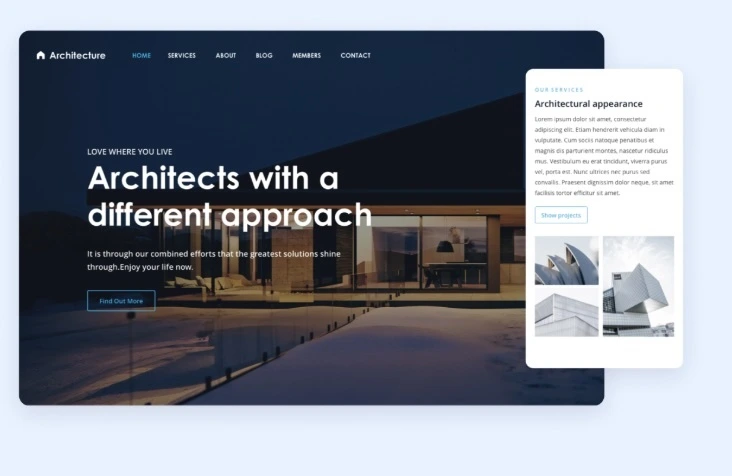 Modern architecture website homepage template featuring a luxury house hero image, bold headline text, and a clean navigation layout.