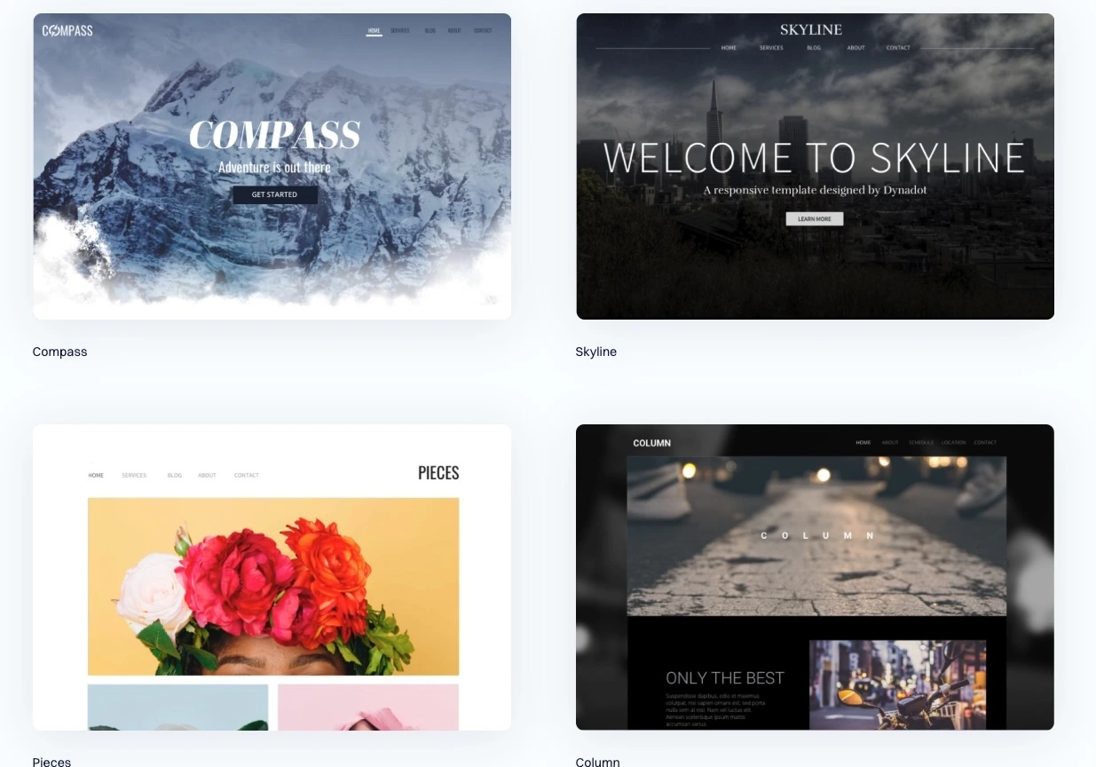 screenshot showing some of the dynadot website builder templates