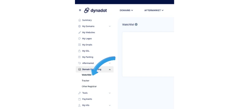 Screenshot of the Dynadot dashboard sidebar menu with ‘Aftermarket’ expanded and ‘Domain Market’ highlighted. A blue arrow points to the ‘Domain Market’ option under the Aftermarket section.