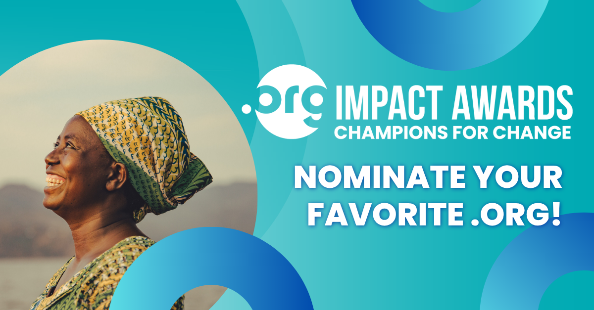 .ORG Impact Awards promotional banner with the text "Champions for Change – Nominate Your Favorite .ORG!" alongside a photo of a smiling woman in a colorful headwrap.