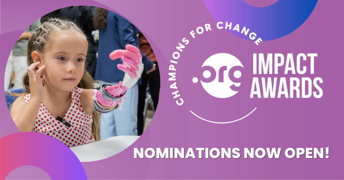 .ORG Impact Awards – Champions for Change banner with the text "Nominations Now Open!" alongside a photo of a young girl with a prosthetic hand.