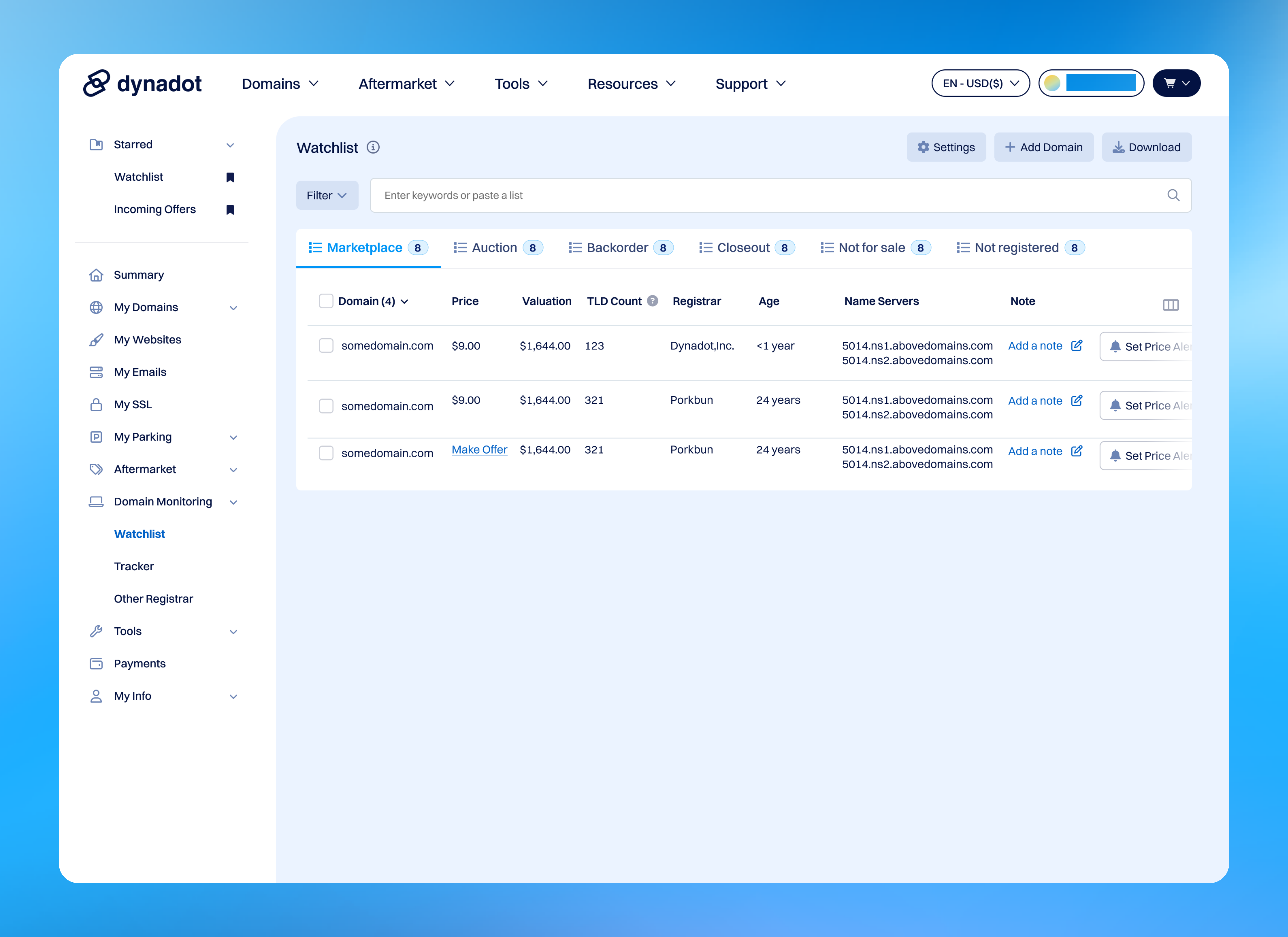 The Watchlist now has category tabs to keep your saved domains organized. It now lives under "Domain Monitoring" in the "Watchlist" tab, and domains you add are better organized into category tabs 