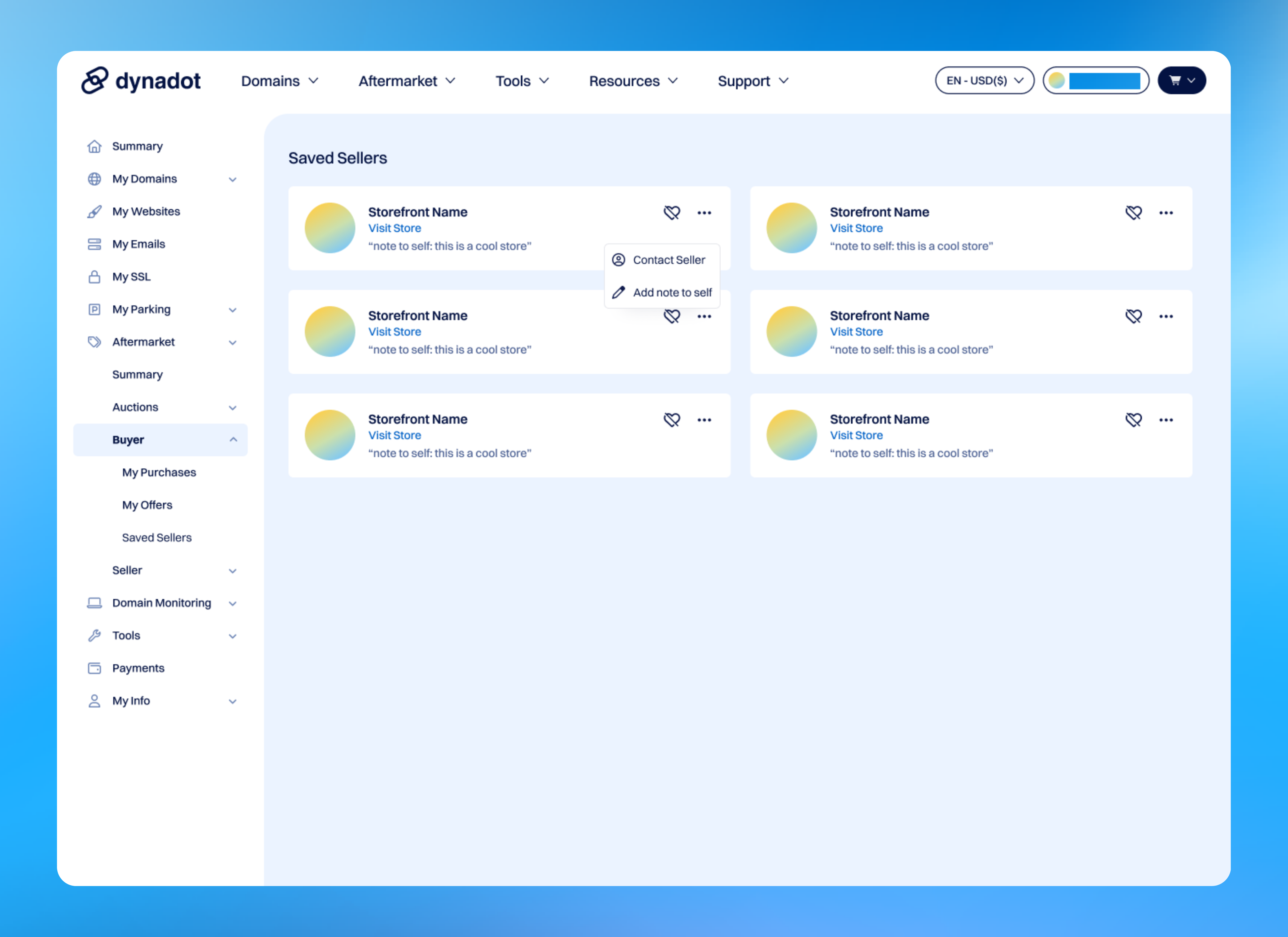 Saved Sellers is a new page that lets you save storefronts you like, leave yourself a note, and message a seller directly.