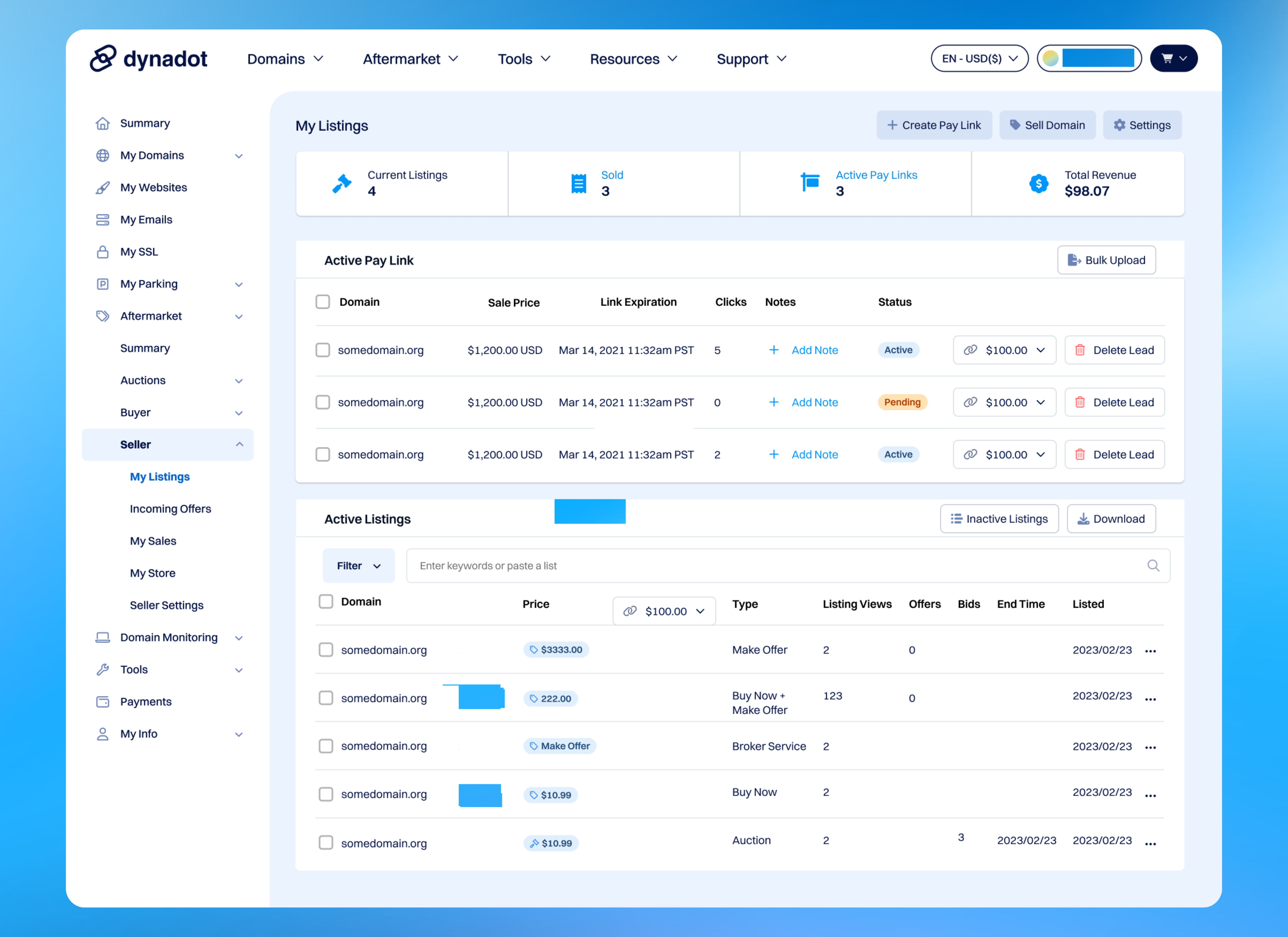 Under the Sellers tab, you will find "My Listings", where we renamed "Active Dynadot Pay Links" to "Active Pay Link" and rearranged the column order in "Active Listings".