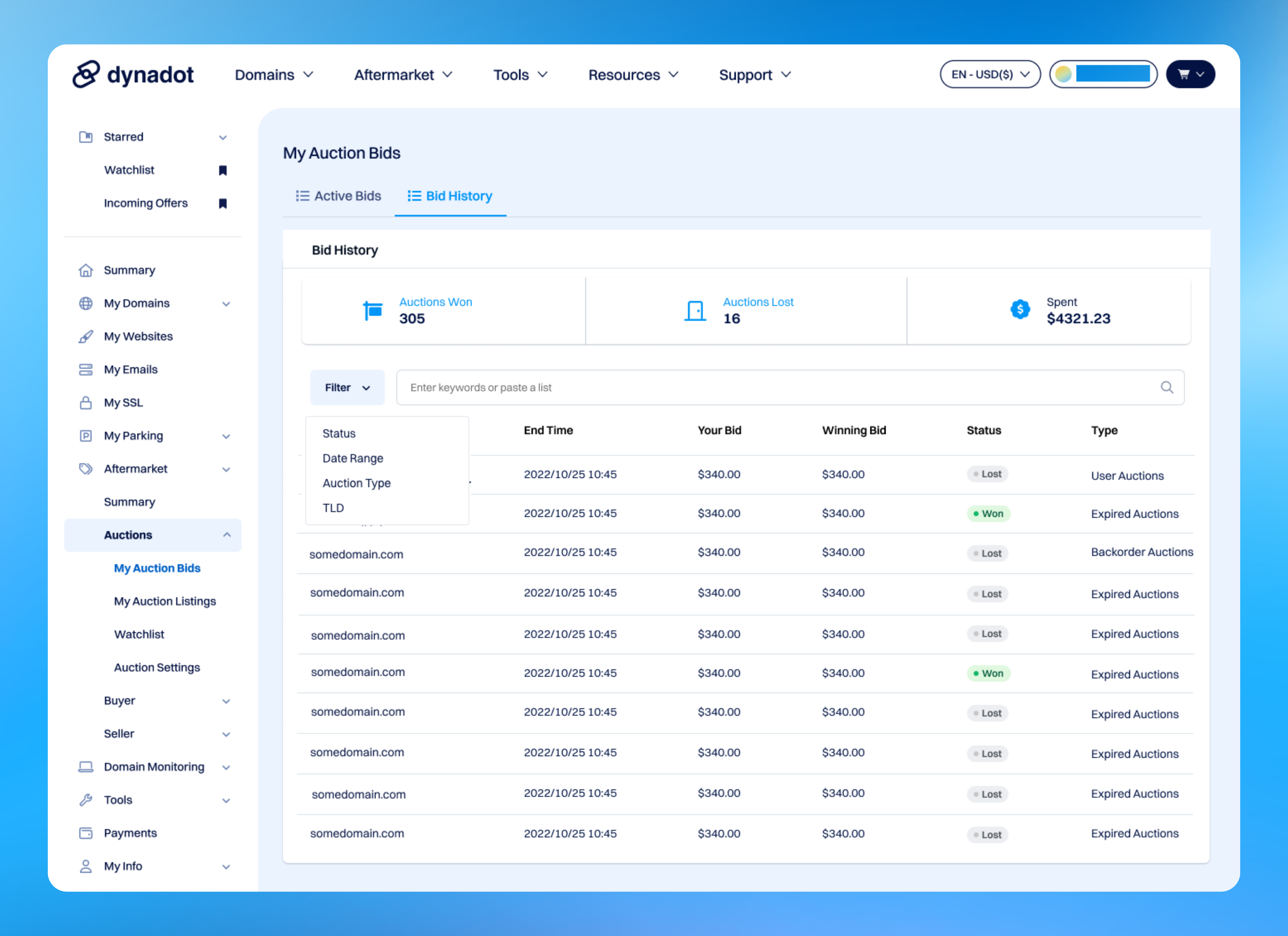 "Active Bids" and "Bid History" now sit in separate tabs, so your view stays clean.