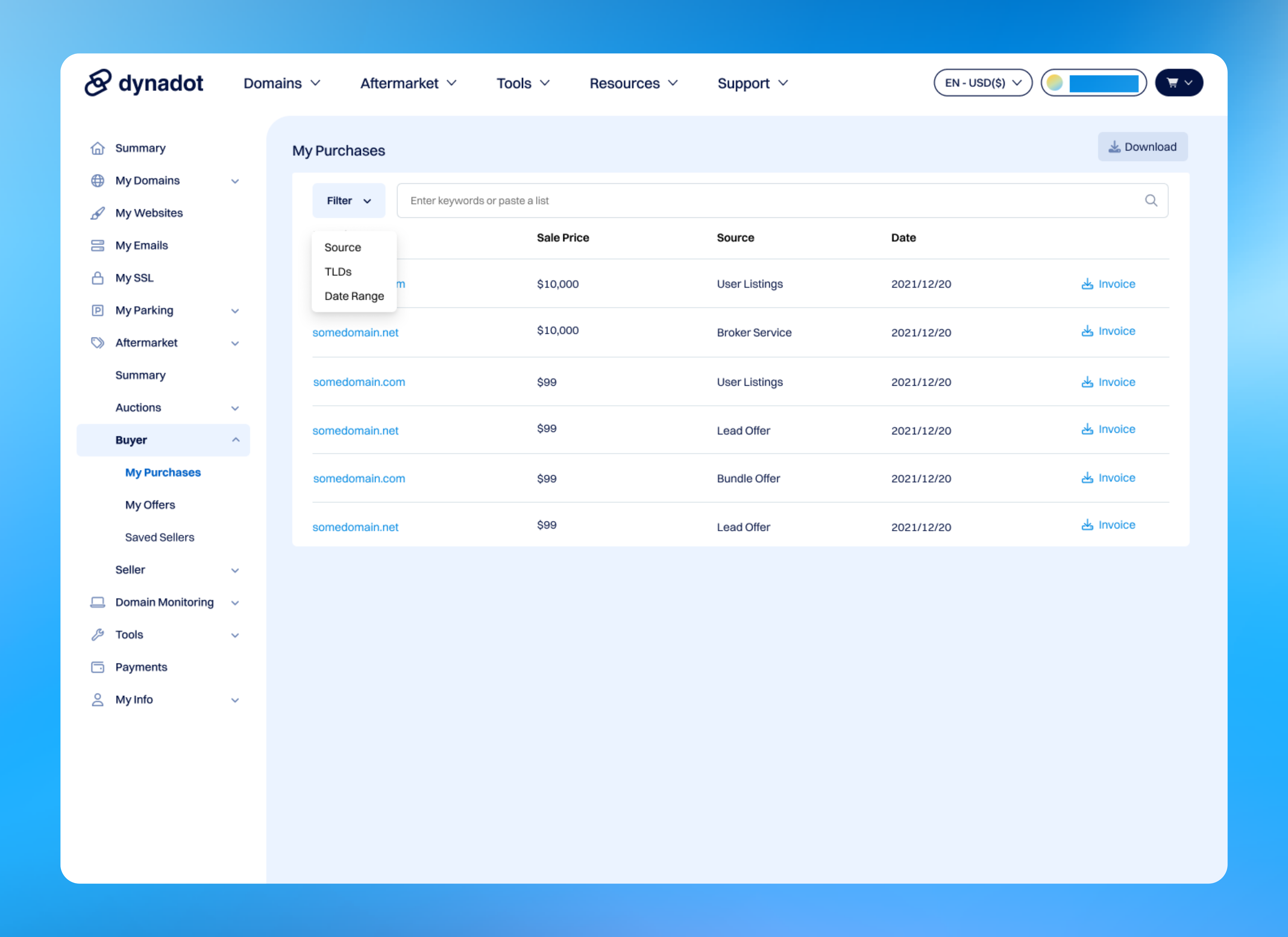 My Purchases is a new page that gives you a record of every aftermarket domain you have bought, including where each one came from, with invoices ready to download. 