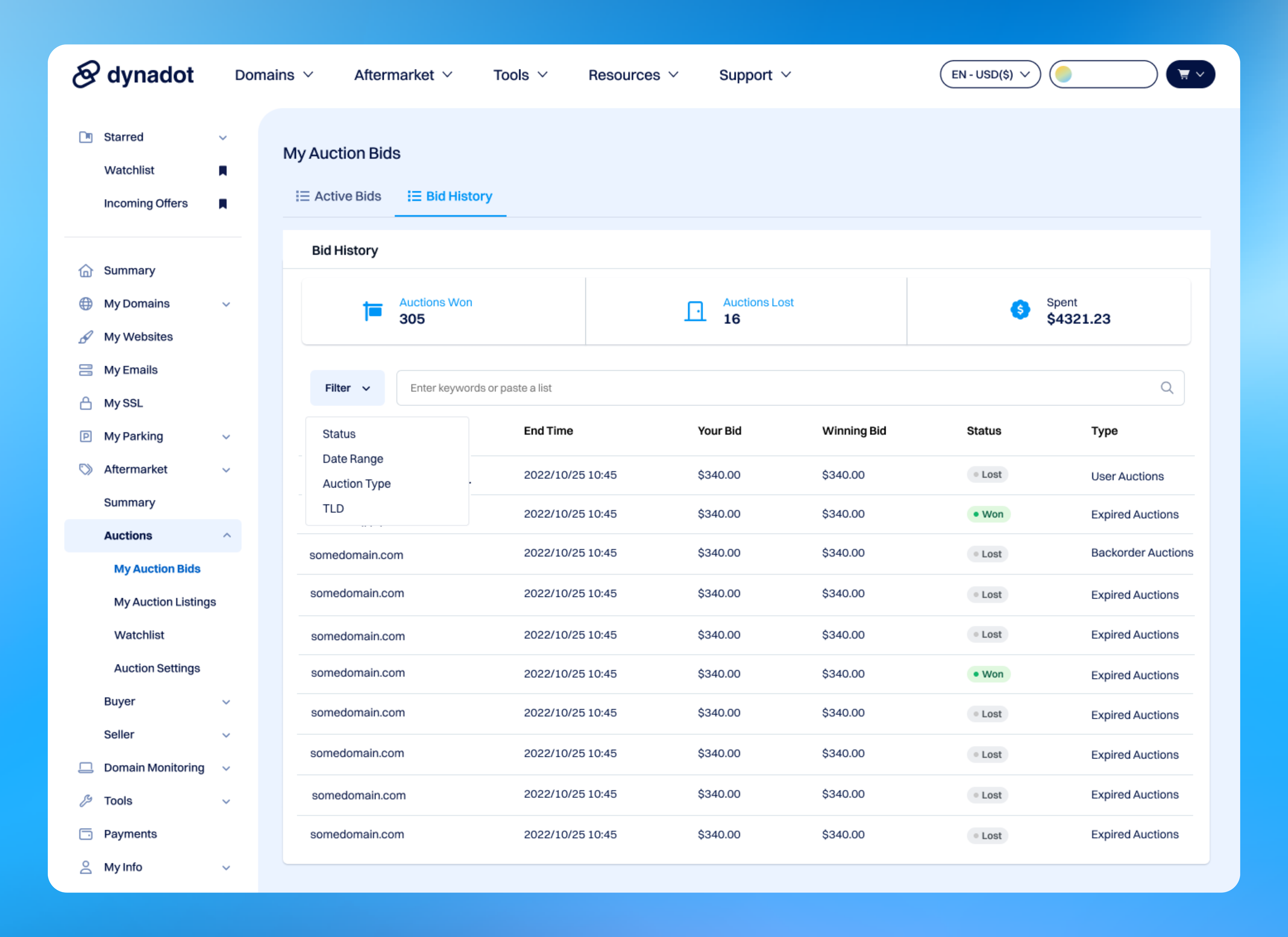 "Active Bids" and "Bid History" now sit in separate tabs, so your view stays clean.