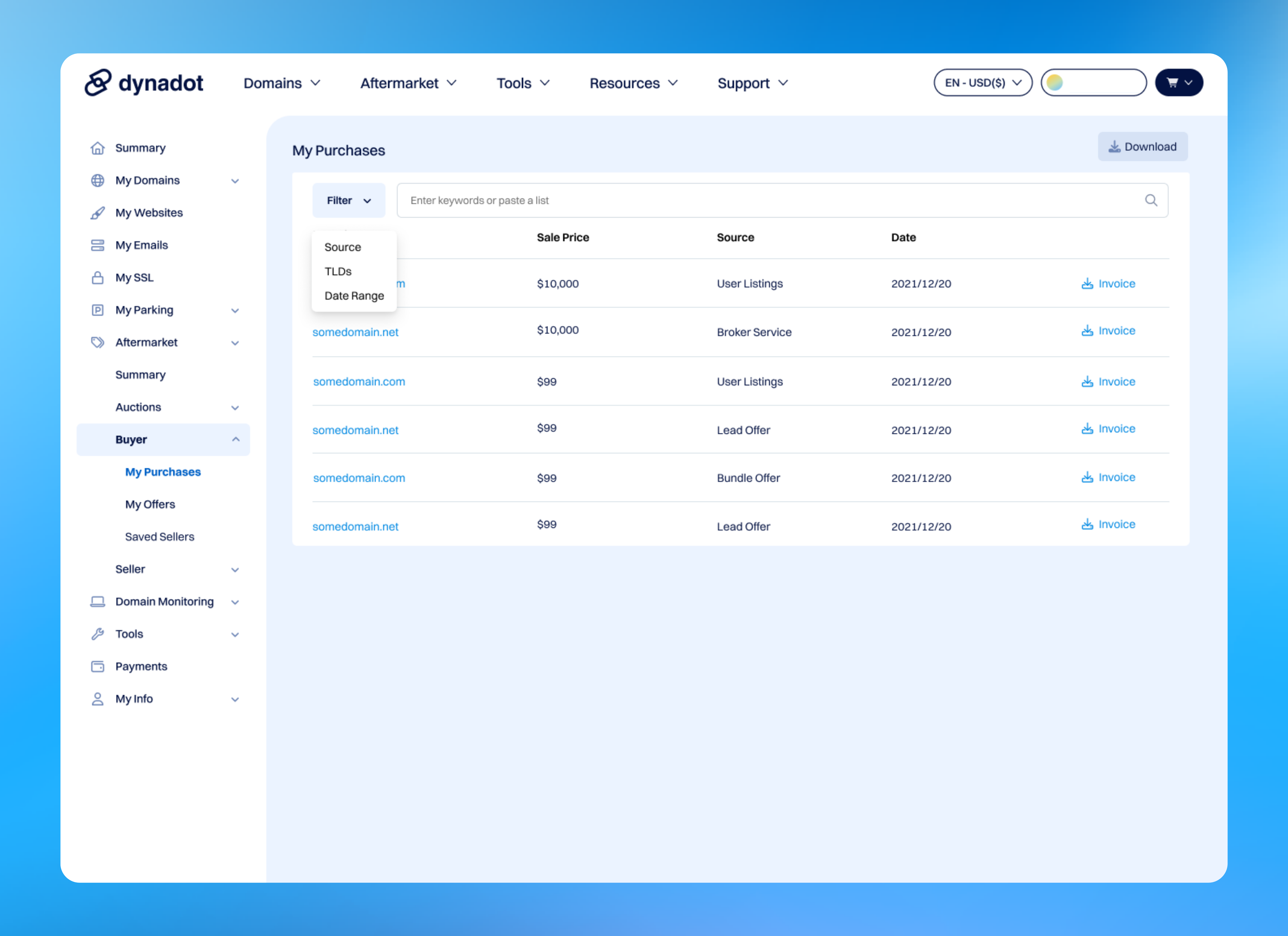 My Purchases is a new page that gives you a record of every aftermarket domain you have bought, including where each one came from, with invoices ready to download. 