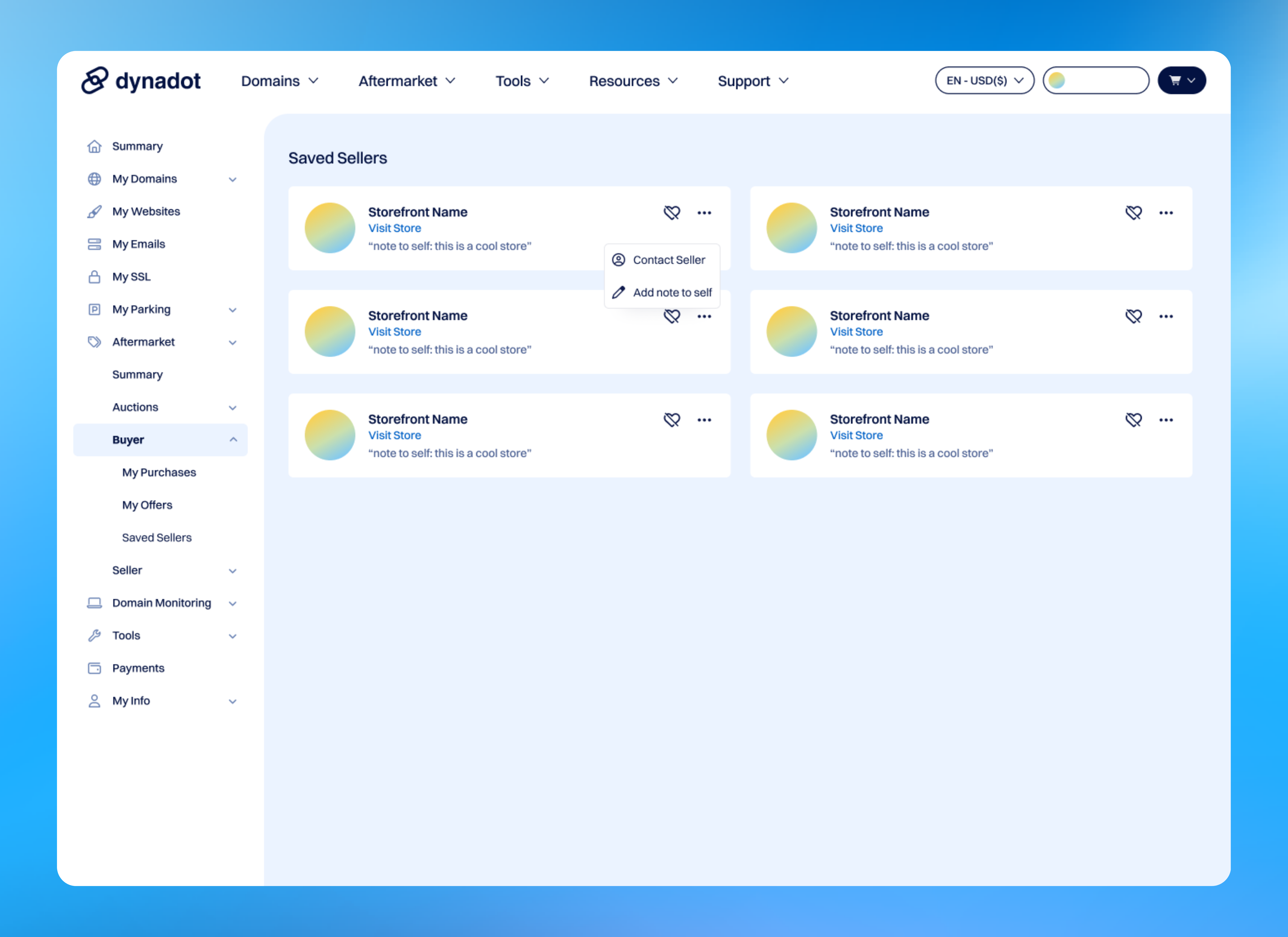 Saved Sellers is a new page that lets you save storefronts you like, leave yourself a note, and message a seller directly.
