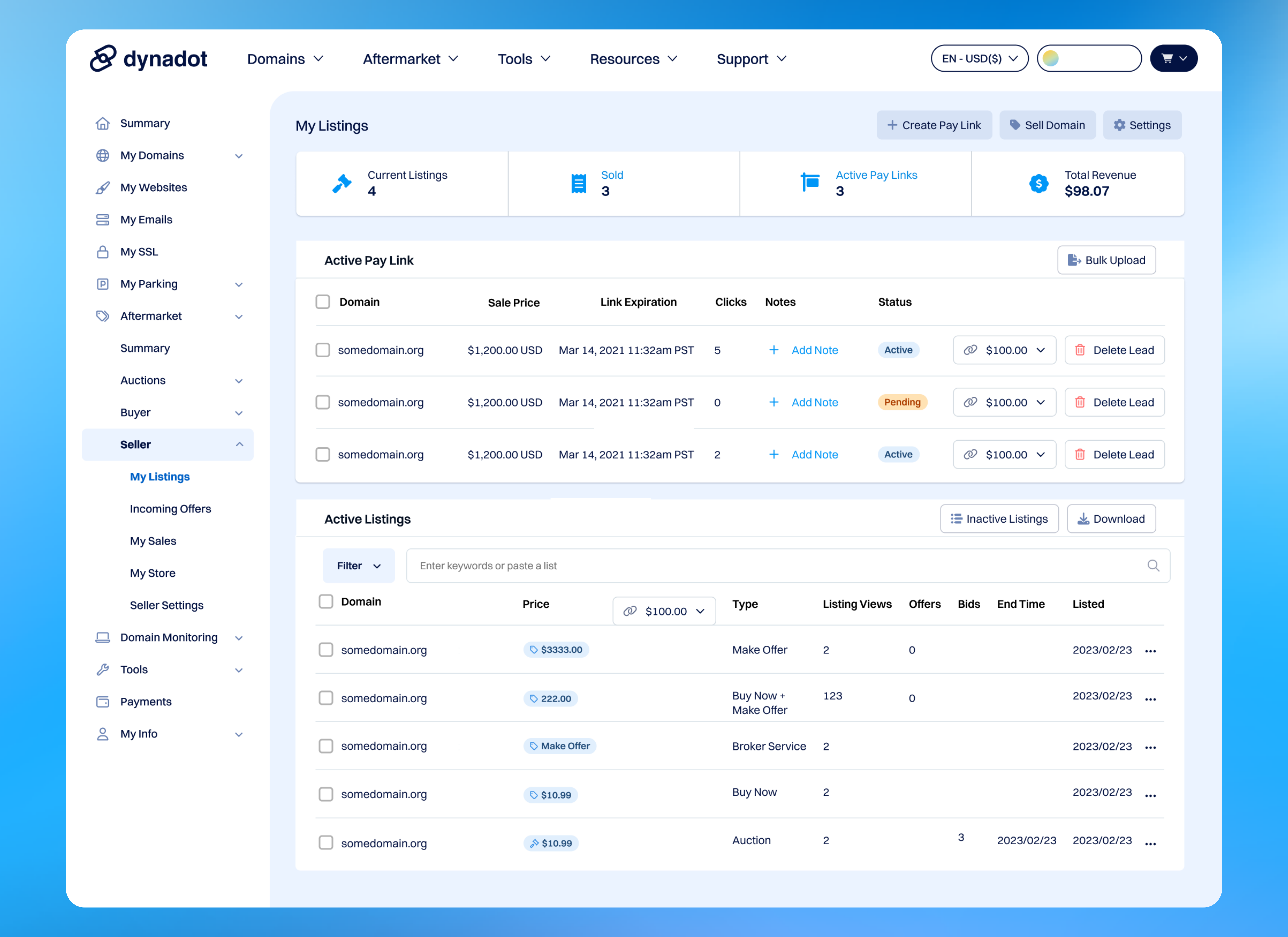 Under the Sellers tab, you will find "My Listings", where we renamed "Active Dynadot Pay Links" to "Active Pay Link" and rearranged the column order in "Active Listings".