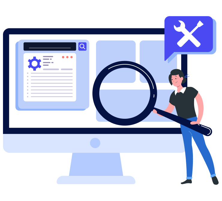Illustration of a person holding a magnifying glass in front of a computer screen displaying a website interface with settings icons and a search bar, representing website inspection or troubleshooting.