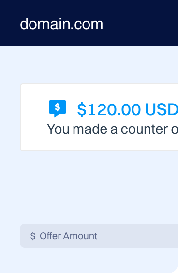 Screenshot showing a domain listing interface with the domain name “domain.com” and a notification indicating a $120.00 USD counter offer.