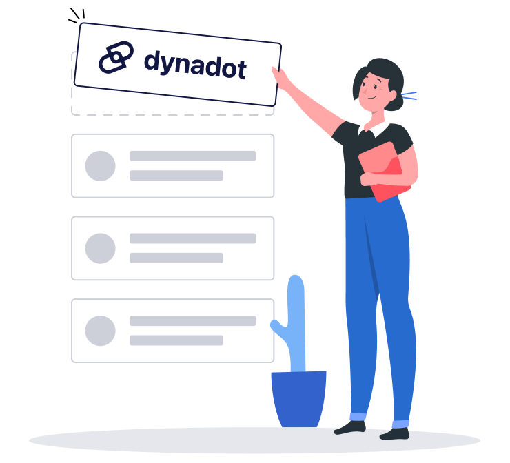 Illustration of a person placing a Dynadot sign above a list-style interface, suggesting setup or selection of a Dynadot service.