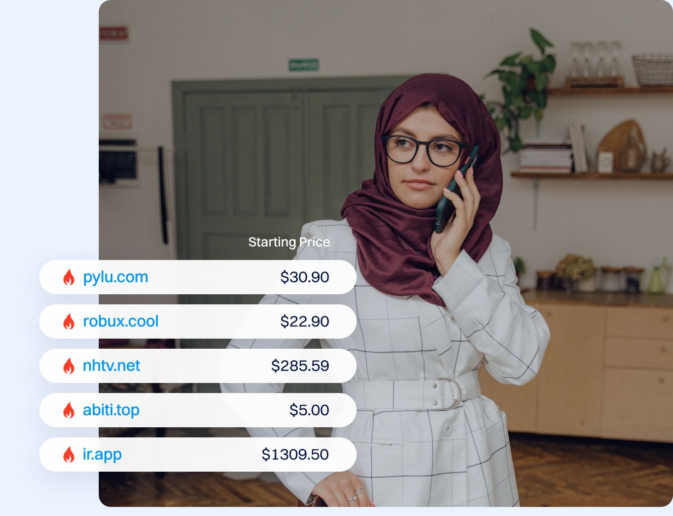 Person wearing glasses and a headscarf talking on a phone, with a list of domain names and starting prices overlaid on the image.