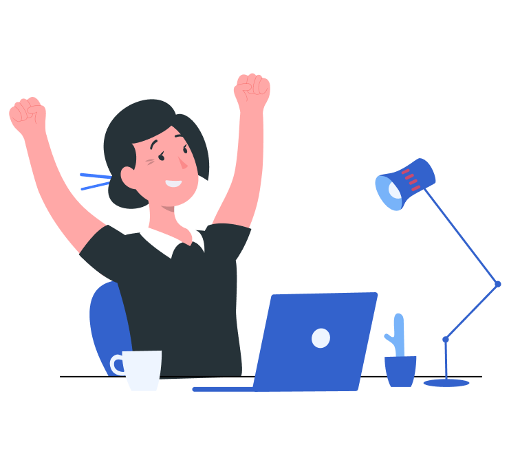 Illustration of a person at a desk raising both arms in celebration in front of a laptop.