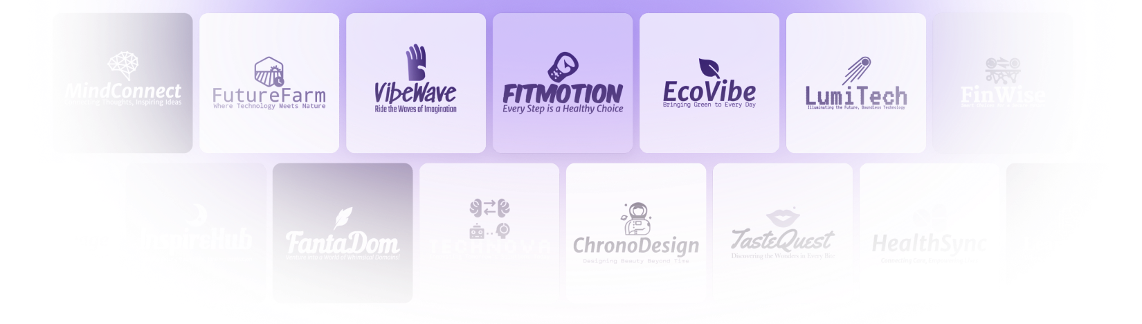 Illustration displaying a grid of sample brand logo cards with names like FutureFarm, VibeWave, FitMotion, EcoVibe, and LumiTech, each with a unique icon and tagline, representing automatically generated logo ideas for different industries and brand styles.
