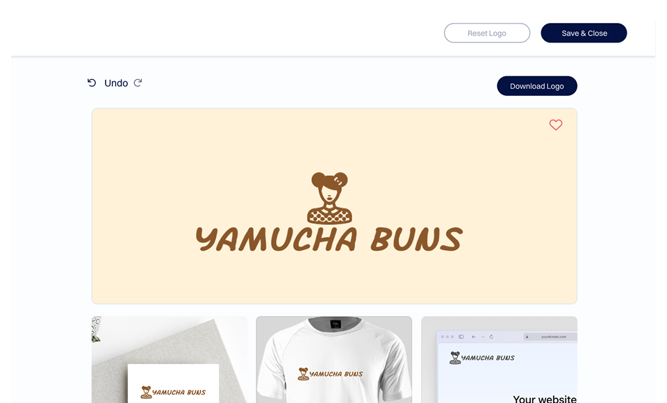 Dynadot Logo制作工具预览截图，展示了一个完整的Logo设计，包含文字“YAMUCHA BUNS”和浅色背景上的风格化角色图标，以及撤销更改、下载Logo、保存或重置设计的界面控件，还有展示Logo在商品和网站上效果的样机图。