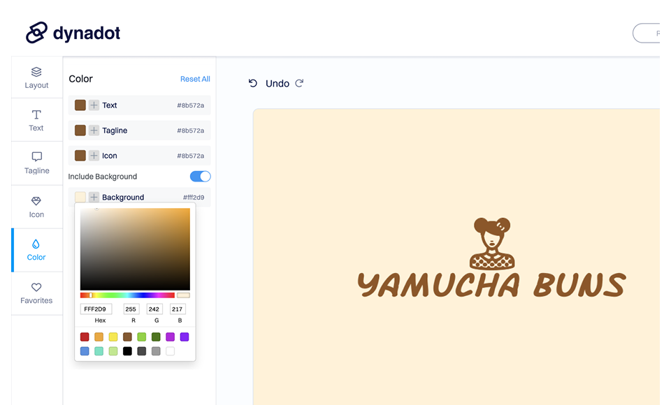 Dynadot Logo制作工具编辑器的截图，左侧显示颜色自定义选项，包括文本、标语、图标和背景颜色选择器，右侧显示Logo预览，在浅色背景上展示品牌名称“YAMUCHA BUNS”和一个风格化的角色图标。