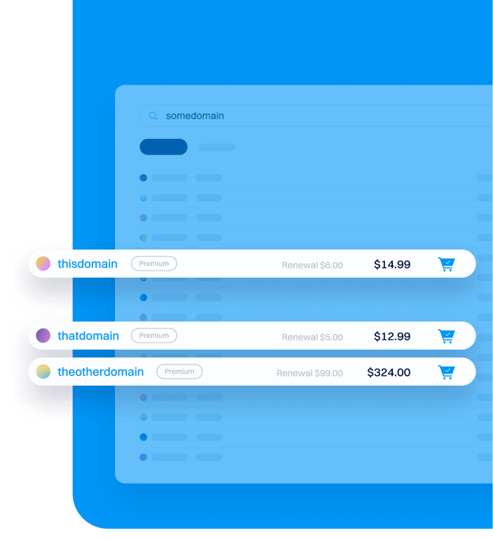 Domain search results showing premium domain names with prices, renewal fees, and add-to-cart icons.