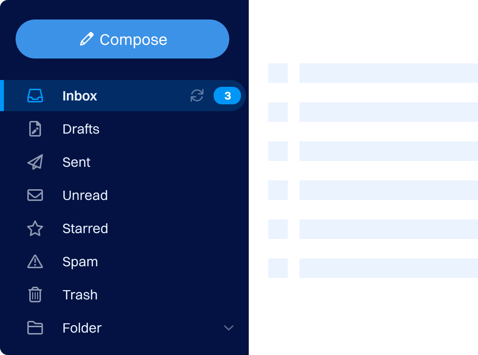 Email inbox UI mockup with a large "Compose" button, left sidebar navigation (Inbox, Drafts, Sent, Unread, Starred, Spam, Trash, Folder) and an "Inbox" badge showing 3 messages, next to a blank message list panel.