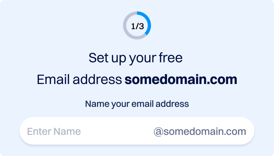 Step 1/3 setup screen prompting "Set up your free Email address somedomain.com," with a name input field and the auto-appended address @somedomain.com.