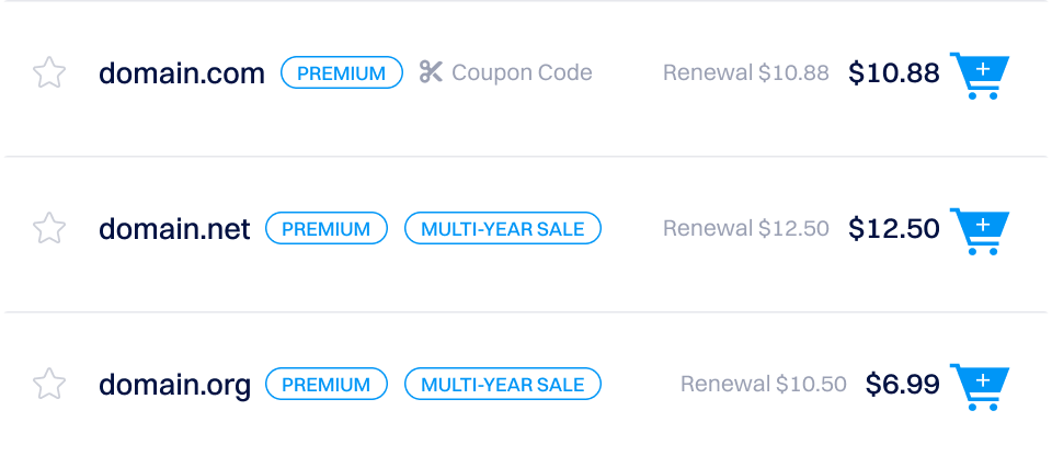 Domain search results list showing premium domains (domain.com, domain.net, domain.org) with promo tags, renewal prices, and blue add-to-cart icons on the right.