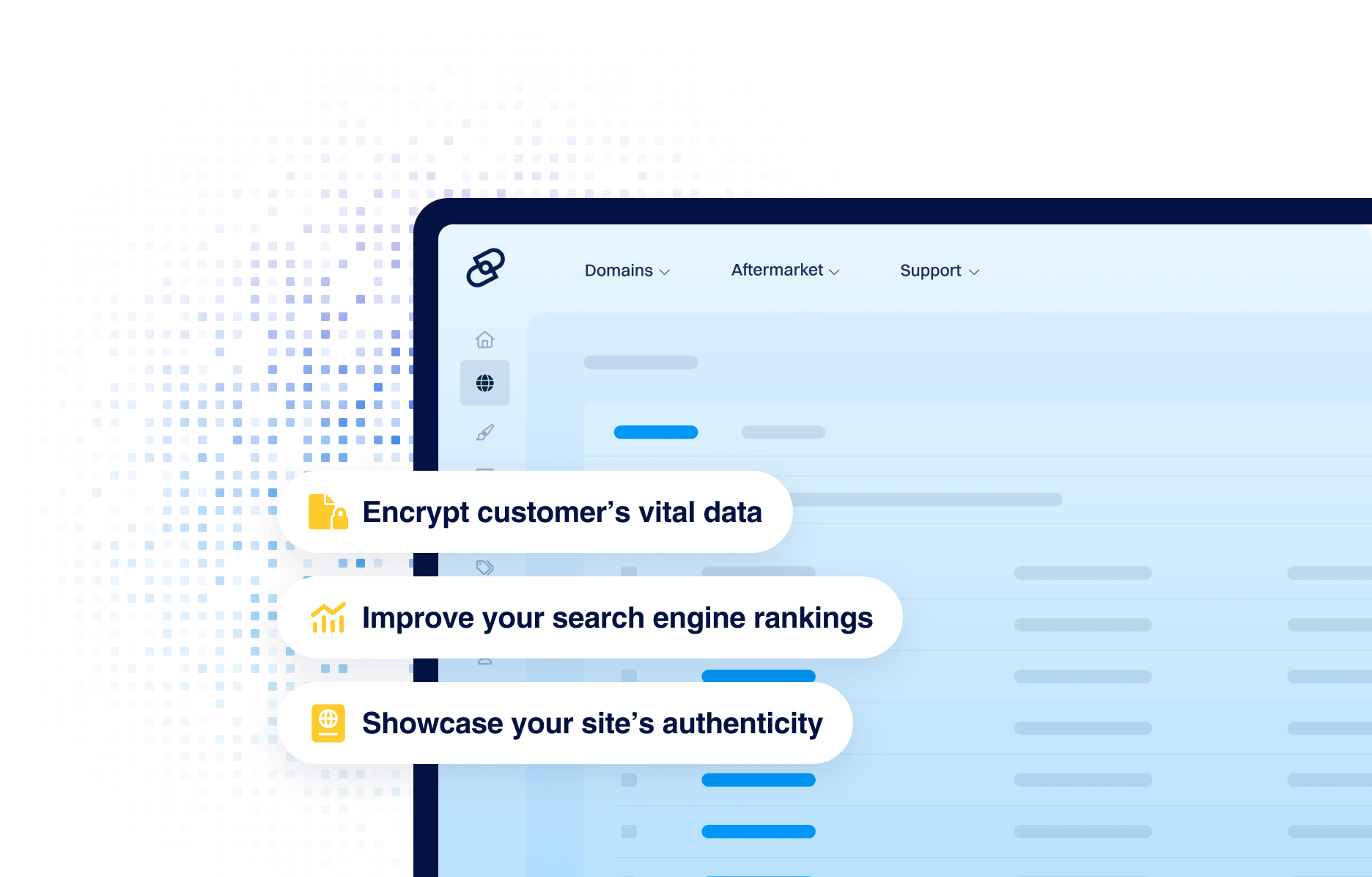 Illustration of a Dynadot web dashboard interface with highlighted callouts emphasizing website security and trust benefits, including icons and text reading “Encrypt customer’s vital data,” “Improve your search engine rankings,” and “Showcase your site’s authenticity,” displayed alongside a stylized admin panel background.