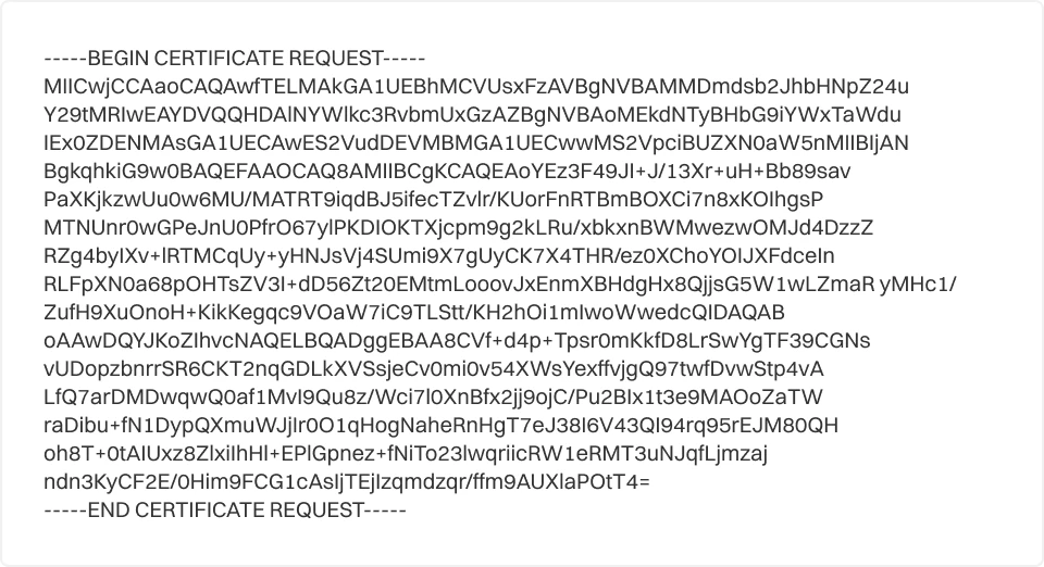 Text view of a Certificate Signing Request (CSR) showing a block of encoded certificate data between “BEGIN CERTIFICATE REQUEST” and “END CERTIFICATE REQUEST,” used for SSL certificate generation.