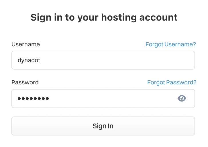Login screen for a hosting account showing a sign-in form with username and password fields, links to recover a forgotten username or password, and a “Sign In” button.